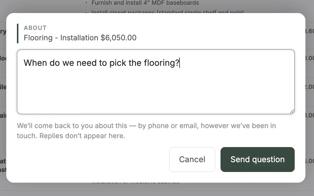 A customer asking "When do we need to pick the flooring?" about the Flooring - Installation line, $6,050.00